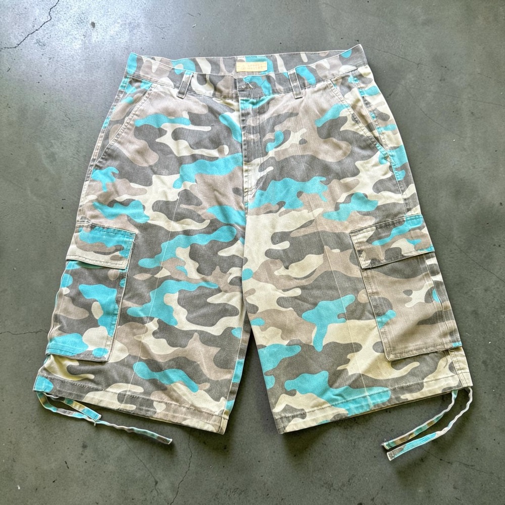Access Mens Y2K Baggy Camo Cargo Shorts Blue Grey Turquoise Size 38 Skate Vtg